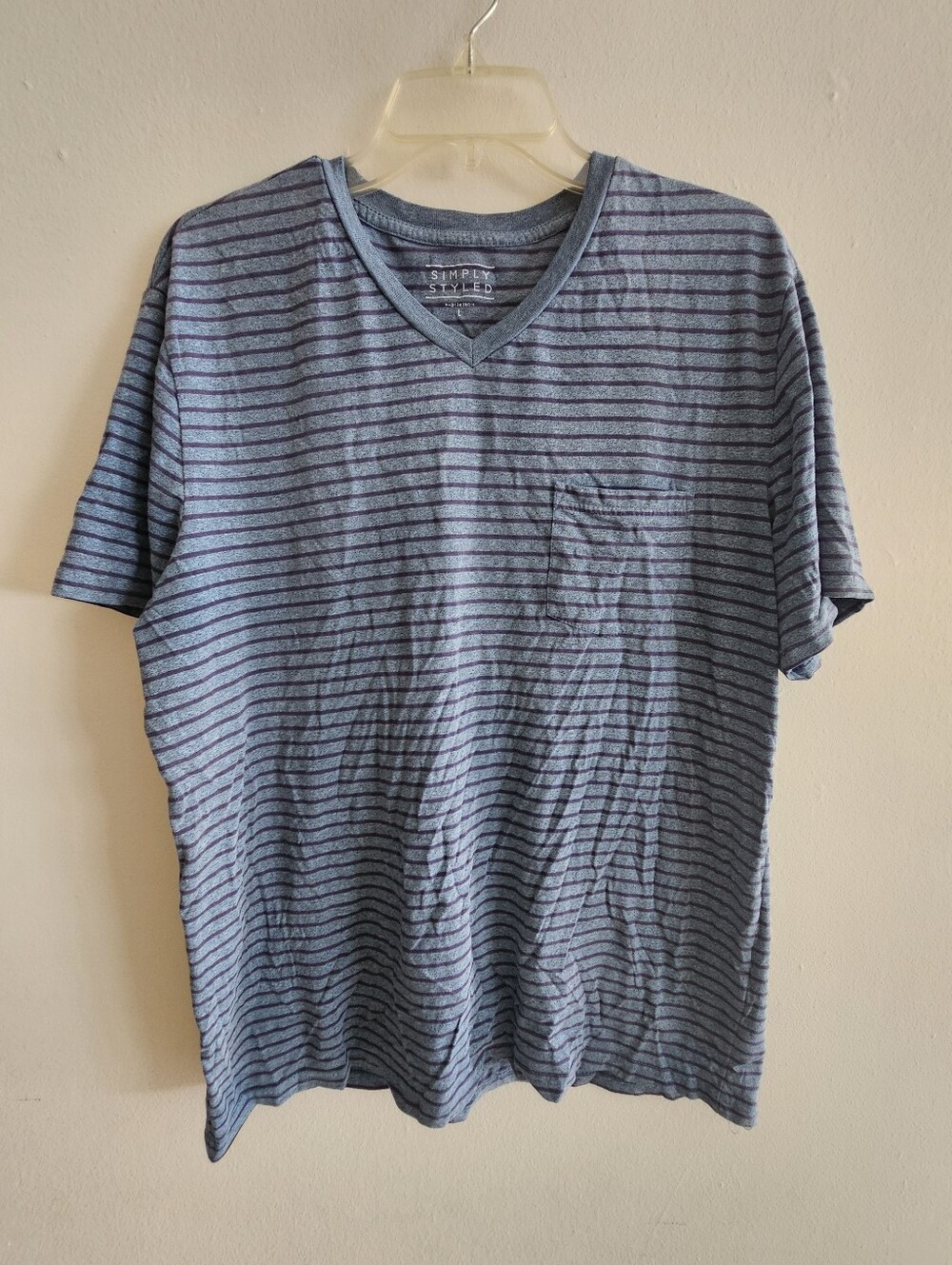 Simply Styled Men's Blue Striped V-Neck Pocket T-Shirt Size L